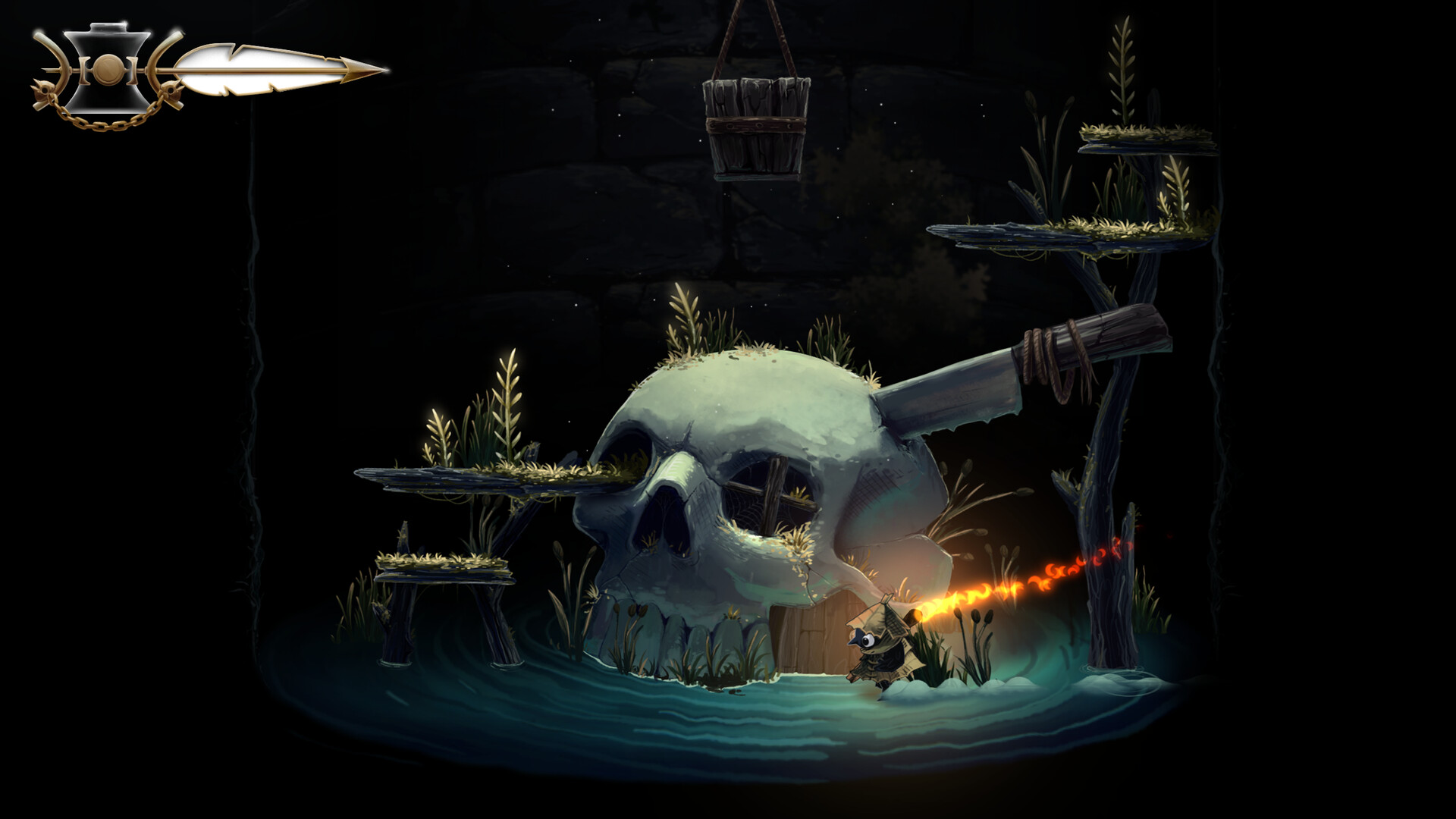 Glimmer holds a lit match beneath a huge creature in a shadowy cavern.
